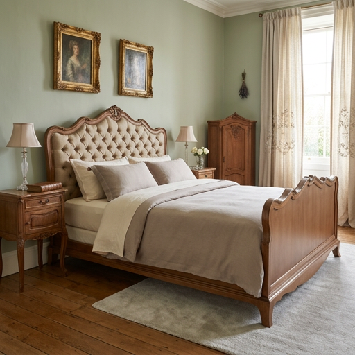 French Provincial Sleigh Bed with Diamond Button Headboard